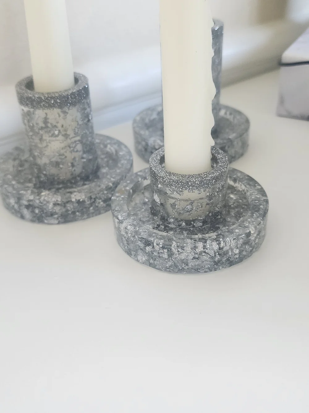 Handcrafted Gray Agate Coasters and Candle Holders with Silver Glitter Accent